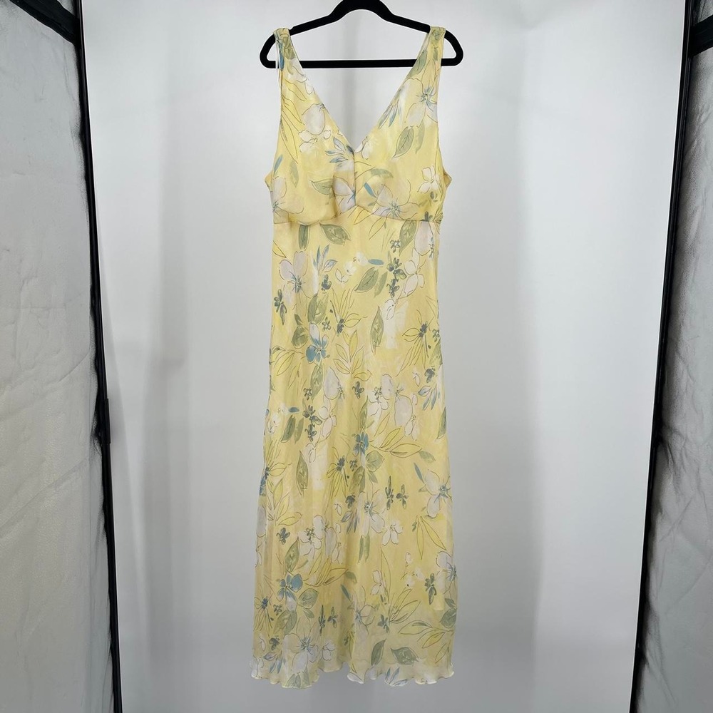 Y2K Floral Cottagecore Midi Dress Butter Yellow 14 L‎ Dainty V Neck Ruffle Fairy